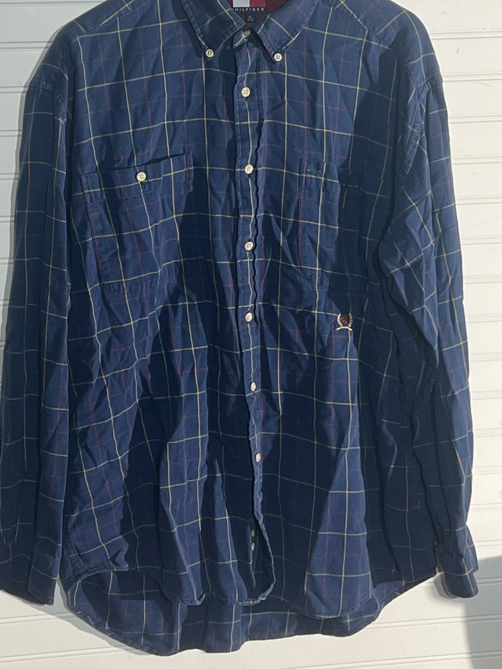 Vintage Tommy Hilfiger Men’s Navy Windowpane Plaid Button-Down Shirt Size xl